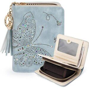 RFID Small Bifold Wallet Blue Butterfly Card Holder Zip Coin Purse for Women